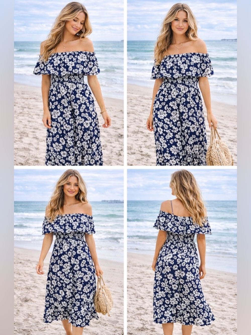Aqua White Floral Navy Smocked Dress